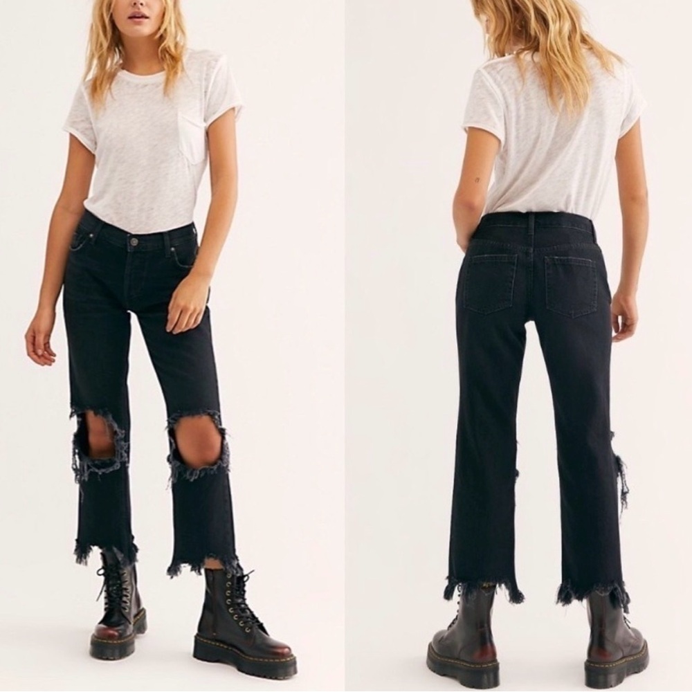Free People We The Free Black Distressed Maggie Midrise Jeans